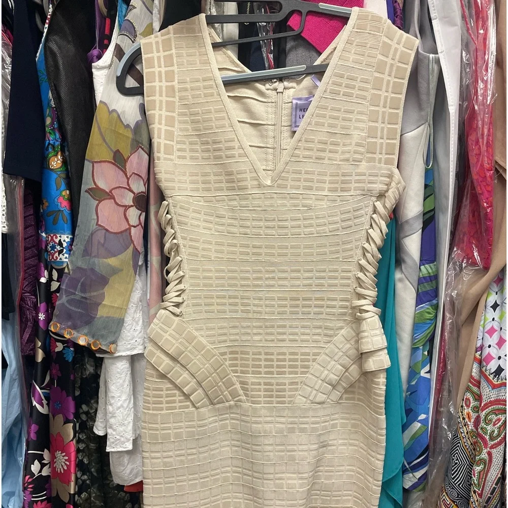 💋HERVE LEGER Dress bandage ivory RARE Authentic NWT Velvet print pleated MED - Picture 3 of 10